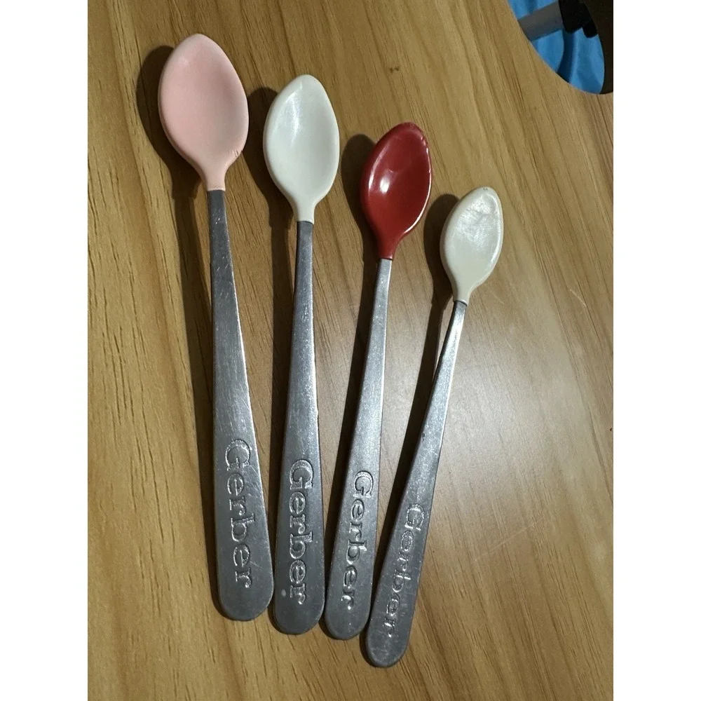 GERBER Lot of 4 baby spoons soft tip Made In USA Stainless Red Pink White